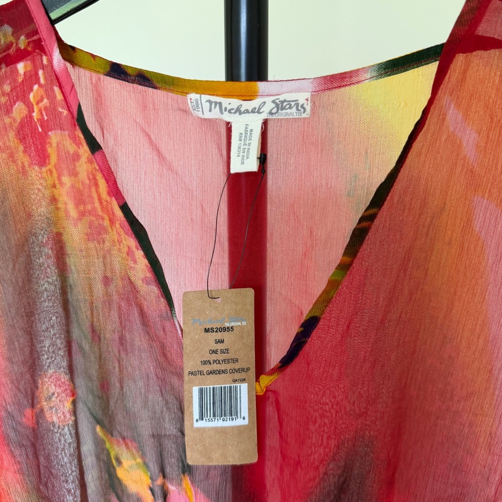 Michael Stars Pastel Gardens Coverup Kaftan Red Abstract Watercolor MS20955 OS - Picture 2 of 9